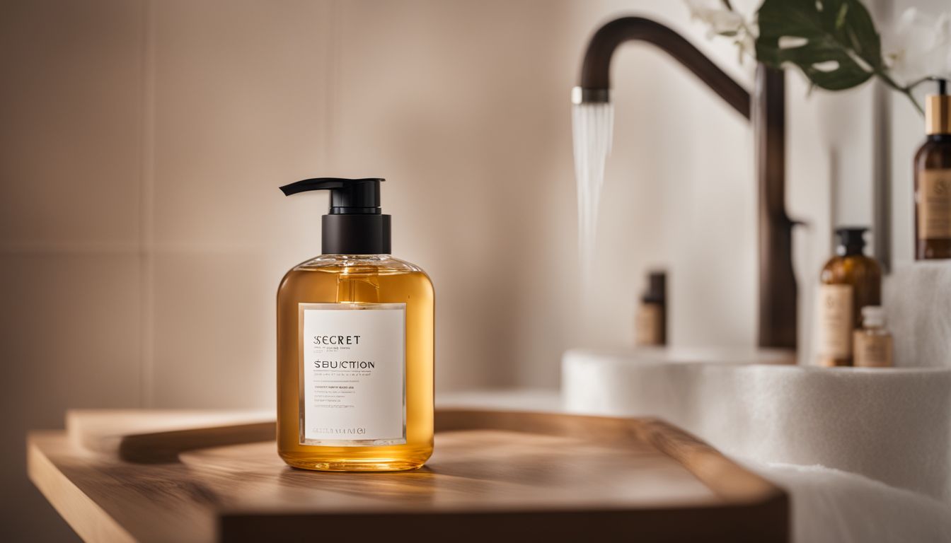 A photo of The Secret Seduction Shower Gel on a wooden shelf in a luxurious bathroom.