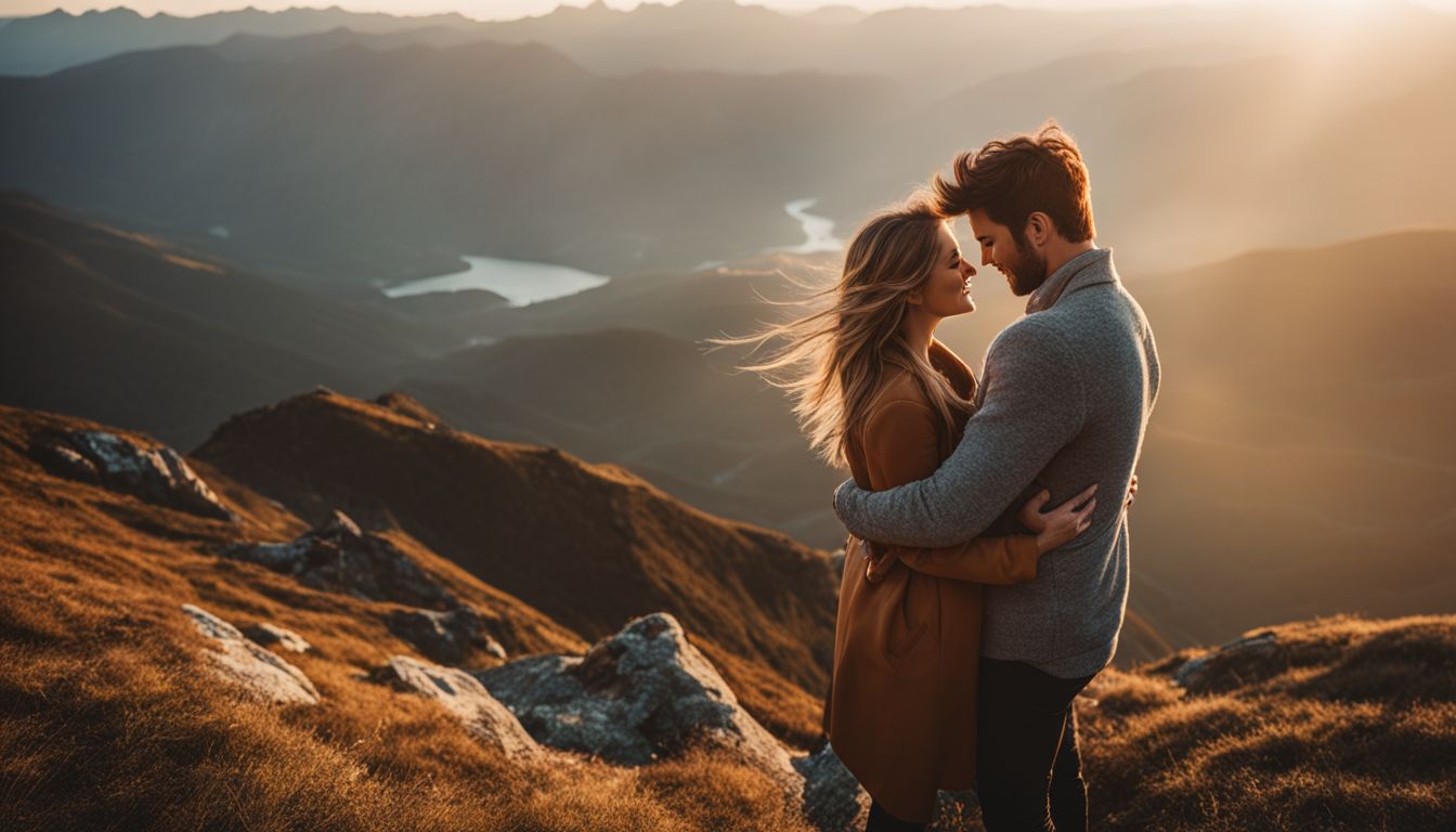 A couple embraces on a mountain peak at sunrise.