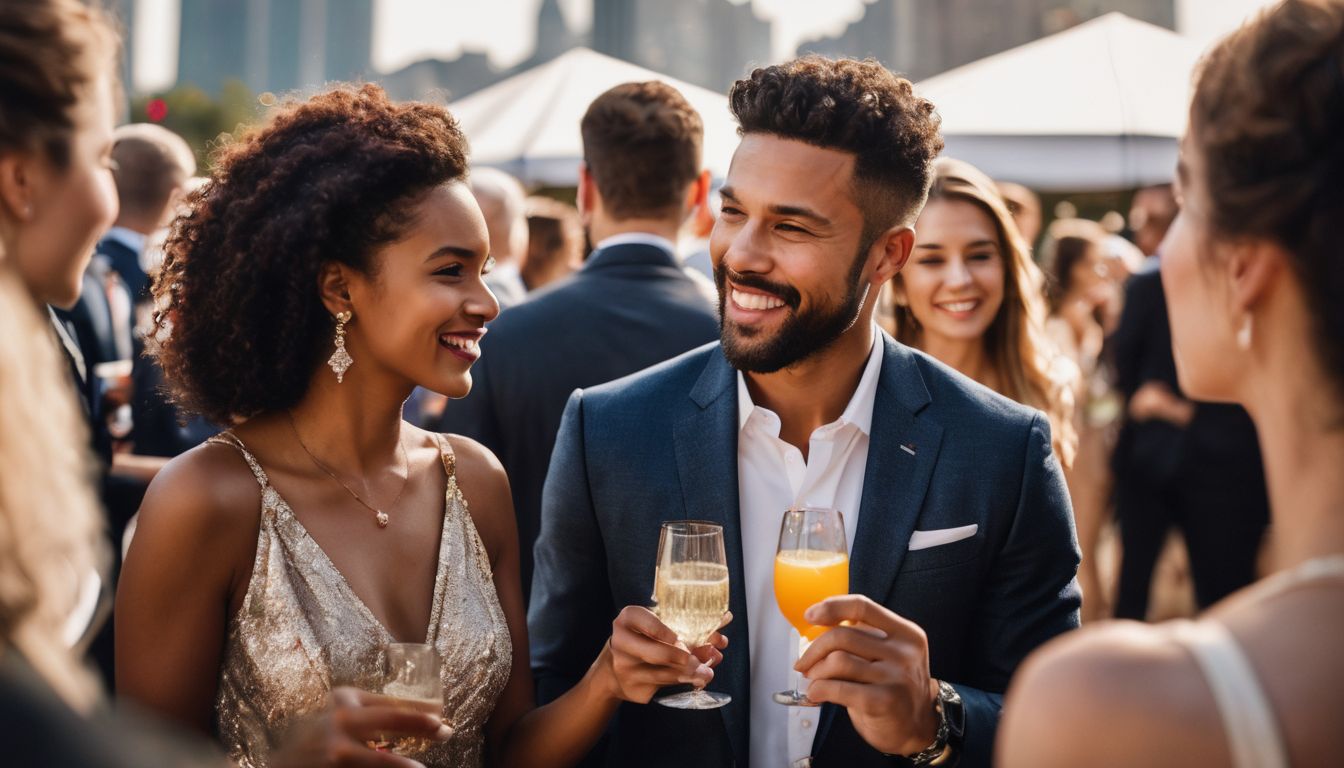 A man confidently socializing with women at a city event.