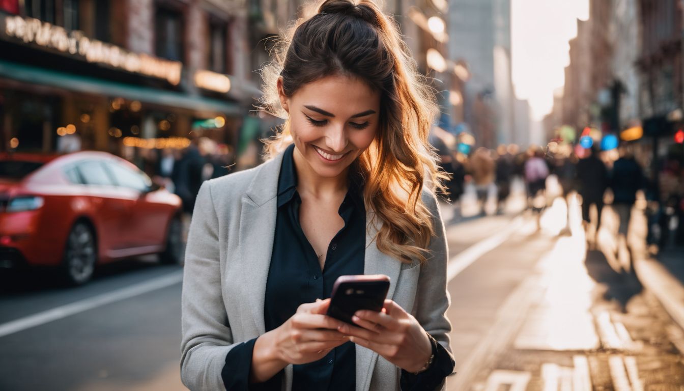 A person enjoying a text message in a city setting with various people.