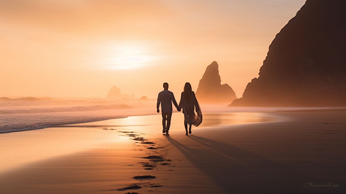 A couple strolls hand in hand on a foggy beach at sunrise.