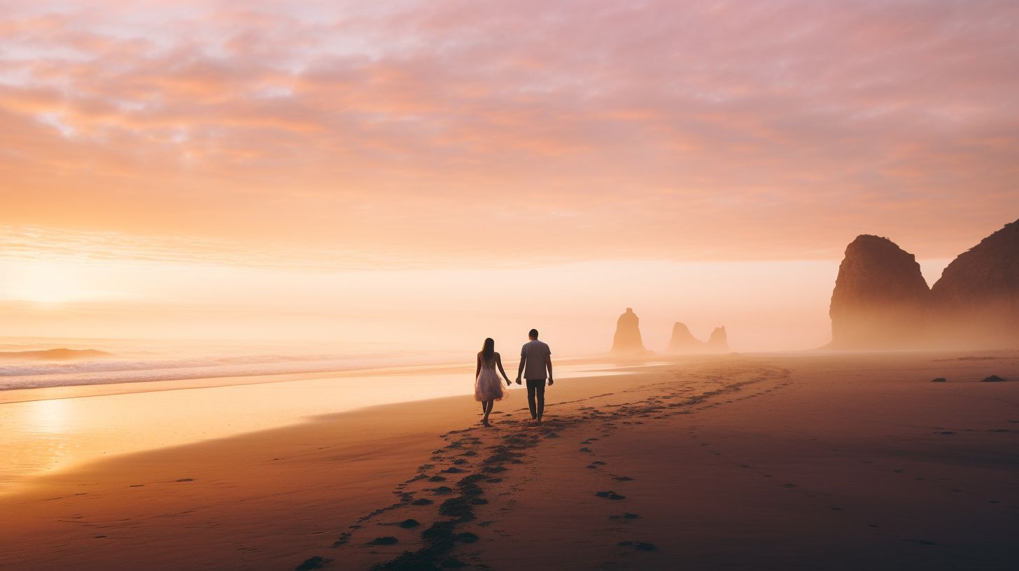 A couple strolls hand in hand on a foggy beach at sunrise.