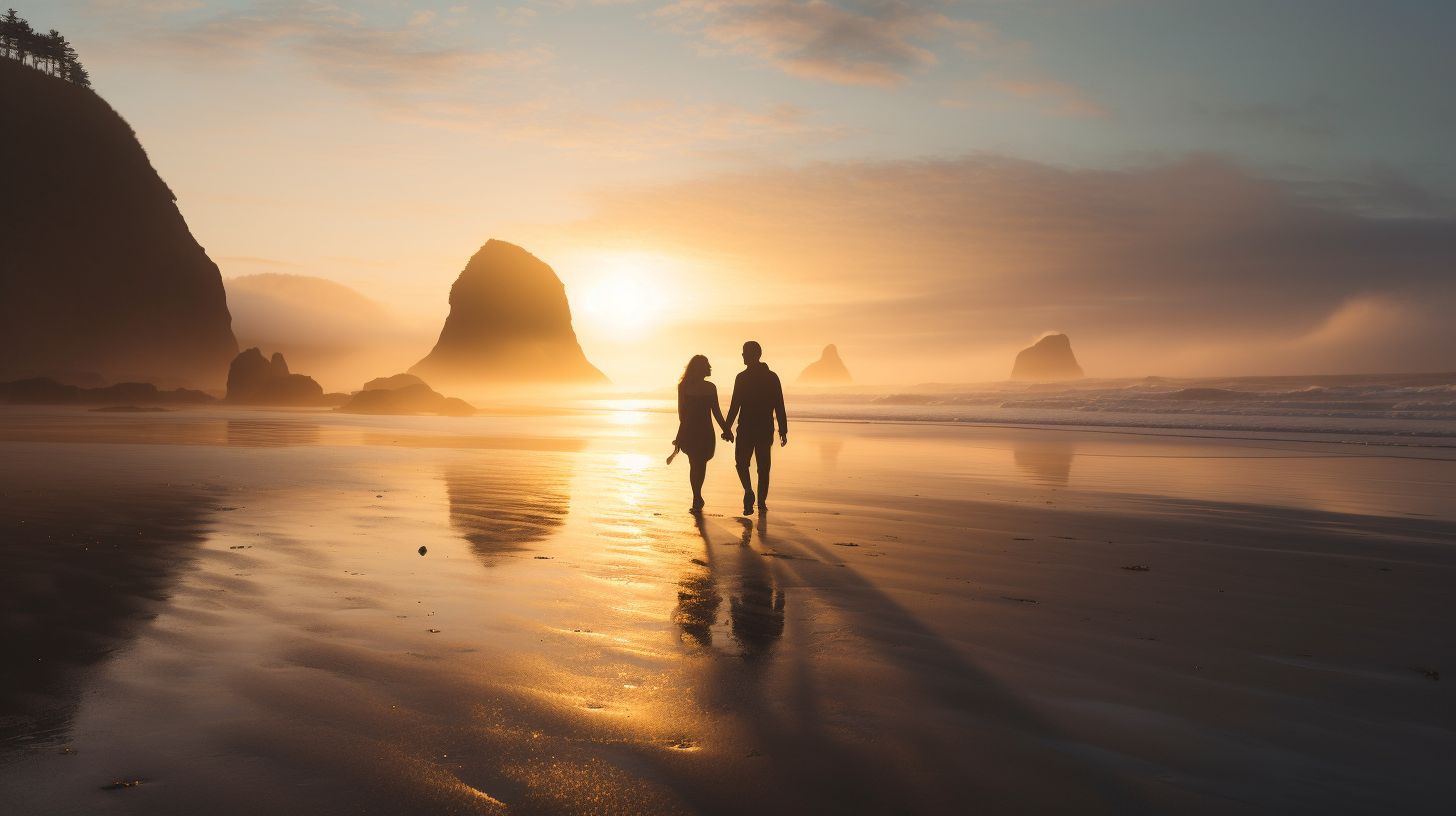 A couple strolls hand in hand on a foggy beach at sunrise.