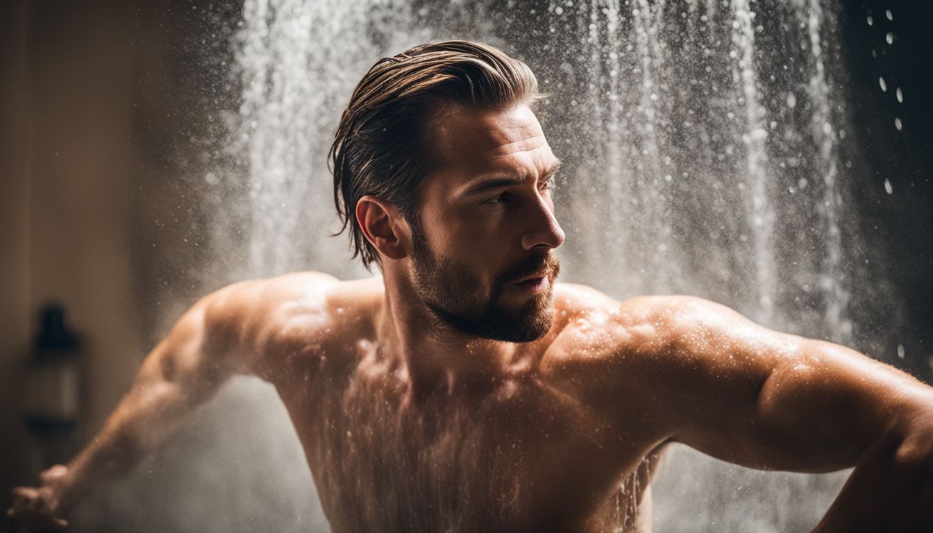 A man using Secret Seduction Shower Gel in a steamy shower.