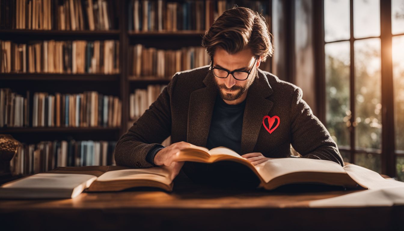 A man reading a book in a cozy home library.