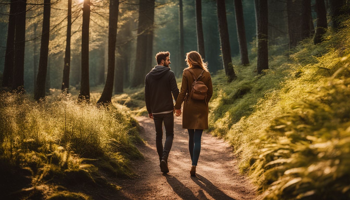 A couple walking hand in hand through a sunlit forest path.