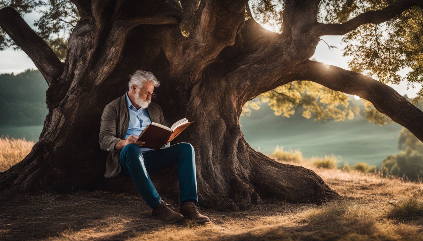 A man reading \\The Tao of Badass\\ under a wise old tree.