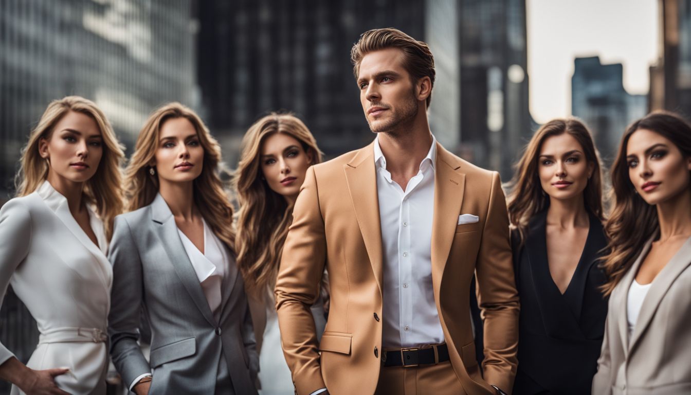 A confident man in a suit surrounded by admiring women in a stylish urban setting.