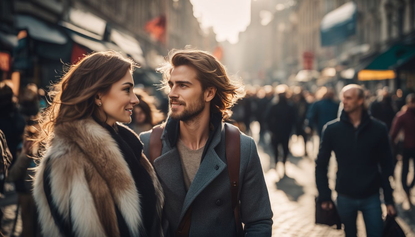 A man and woman walking in a crowded city street.