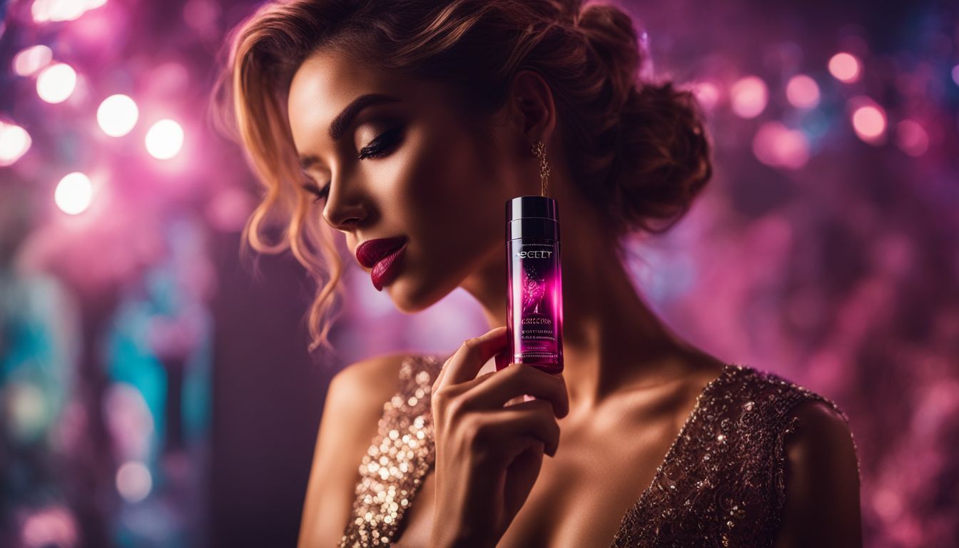 A bottle of Secret Seduction Spray showcased in different styles and settings.
