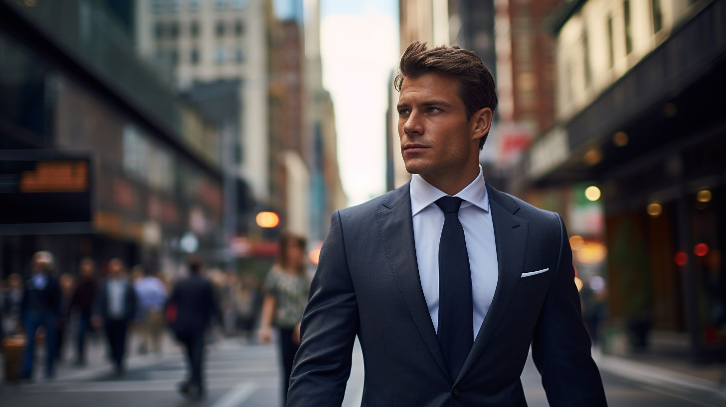 A well-dressed man walking confidently through a bustling city street.