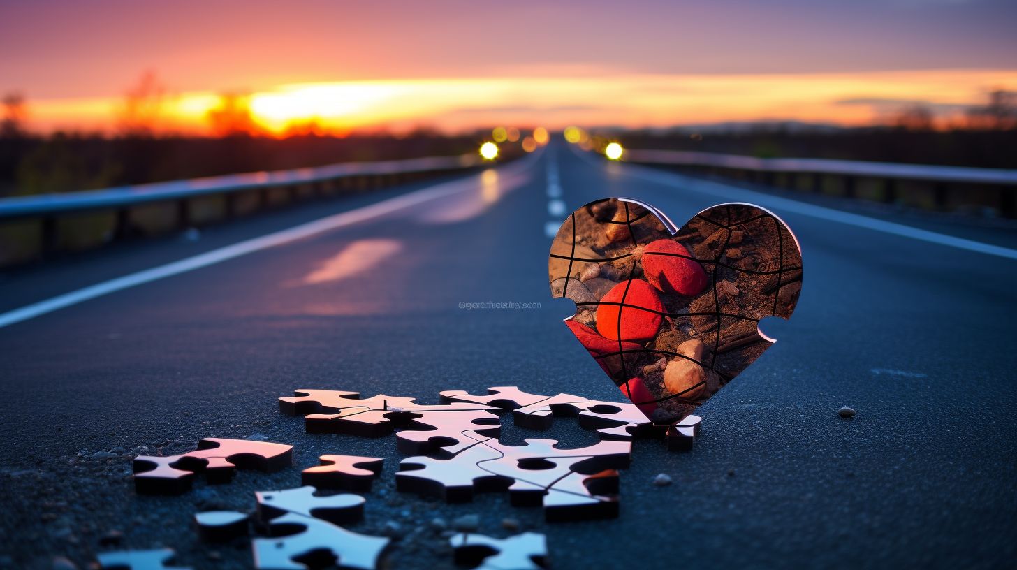 A broken heart-shaped puzzle piece on a deserted road at twilight.