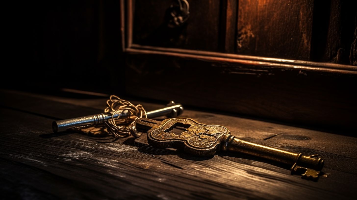 A key and lock in a mysterious room, captured with a wide aperture lens.