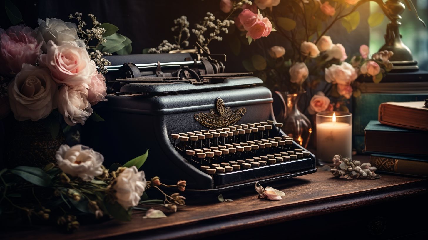 A vintage typewriter on a wooden desk with romantic floral decor.