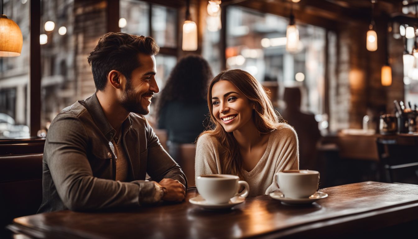 A couple having an intimate conversation in a cozy coffee shop.