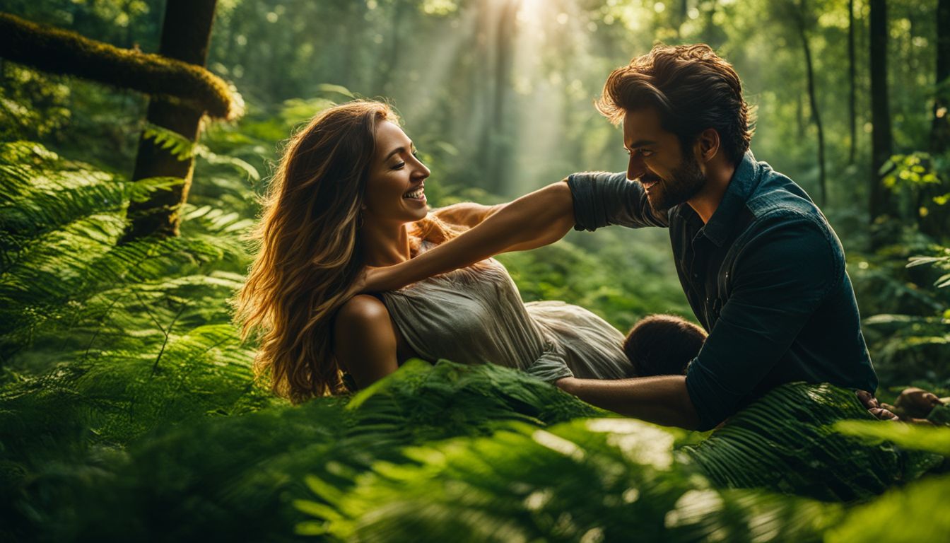 A man and woman do a trust fall in a lush forest.